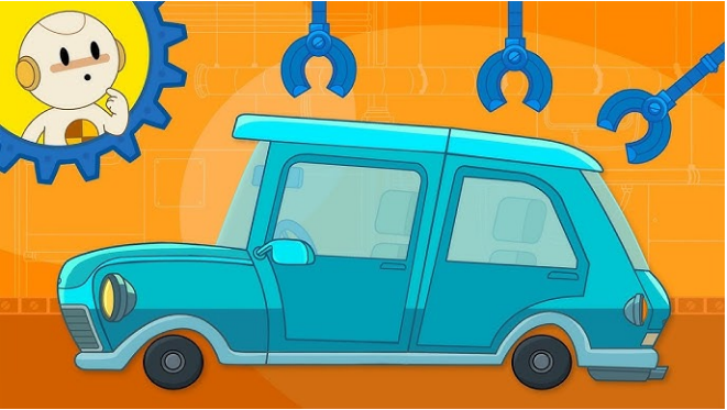 A friendly robot character watches as robotic arms and tools add parts to the inside of a blue car.