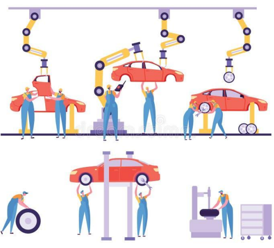 Illustration of a car factory assembly line where robotic arms are putting red car bodies together.