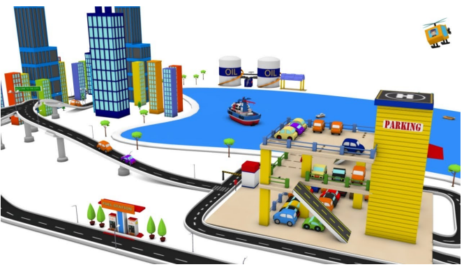 A colorful cartoon city with roads, buildings, a gas station, and a large parking garage, showing where cars have their adventures.