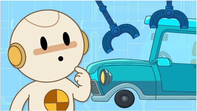 A friendly character in a yellow hard hat standing in front of a blueprint with a bulldozer and forklift.